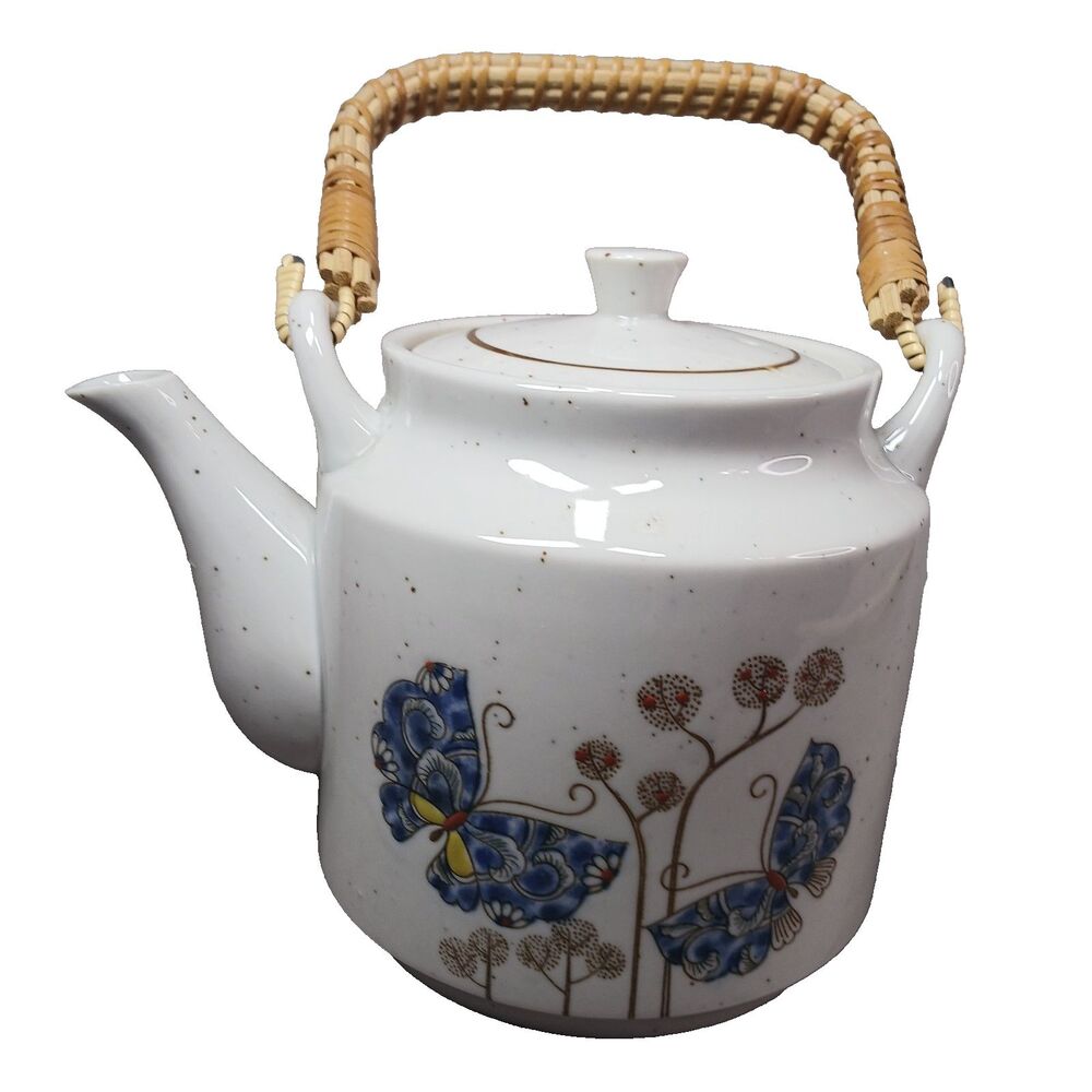 Otagiri Butterfly Tea Pot Ratten Handle Ceramic Vintage MCM Boho Japan